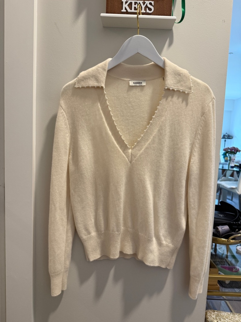 Sandro Cream V-Neck Collar Sweater